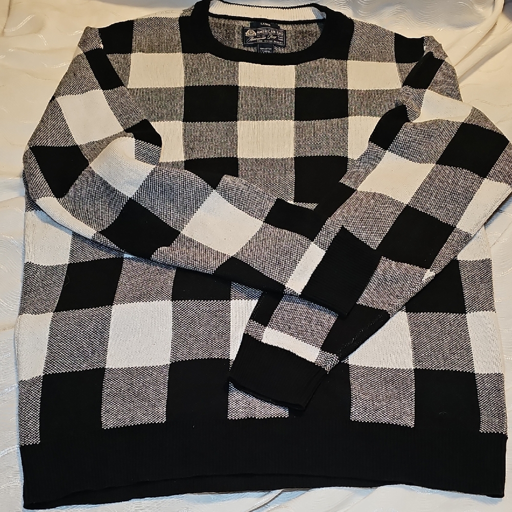 American Rag Black And White Check Mens Large Sweater Cotton Very Good Condition